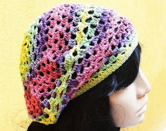 Multicolored summer cotton crochet beret, cotton knit French beret, crochet slouchy hat, lace crochet hat, boho summer rasta hat, LGBT gift