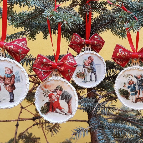 Christmas ornaments, Victorian ornaments, wooden decoupage ornaments, custom tree decorations, personalizable vintage handmade ornaments