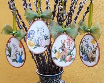 Adorno de huevo de Pascua de conejito de acuarela: Decoración de Pascua de madera hecha a mano