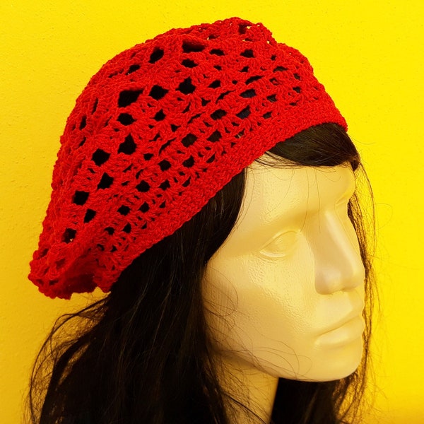 Béret en coton rouge au crochet d’été, béret tricoté en coton, chapeau au crochet, chapeau léger, béret en tricot pour femmes de printemps, chapeau hippie en tricot d’été boho