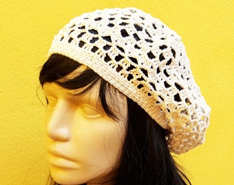 Béret en coton au crochet d'été, béret en coton tricoté, chapeau au crochet, chapeau léger, béret en tricot pour femme de printemps, chapeau d'été bohème, chapeau hippie en tricot