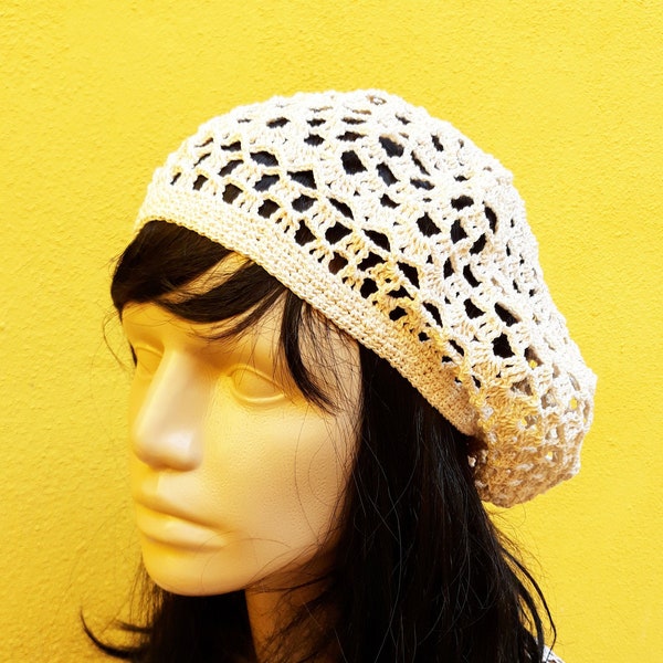 Béret en coton au crochet d'été, béret en coton tricoté, chapeau au crochet, chapeau léger, béret en tricot pour femme de printemps, chapeau d'été bohème, chapeau hippie en tricot