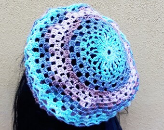 Crochet Cotton Beret, Striped Knit Slouchy Hat
