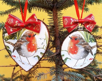 Robin ornament, Christmas ornaments, wooden personalized decoupage ornaments, vintage ornaments, custom robin decoration, robin bird gift