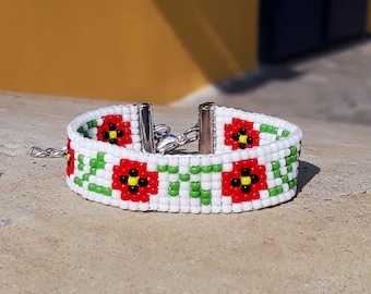 Bead loom bracelet, seed bead bracelet, flower bracelet, woven, glass beads, boho bracelet, colorful, ethnic, traditional Romanian bracelet