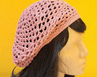 Berretto di cotone all'uncinetto estivo, berretto lavorato a maglia di cotone, cappello all'uncinetto color rosa, cappello leggero, berretto a maglia da donna primaverile, cappello estivo boho