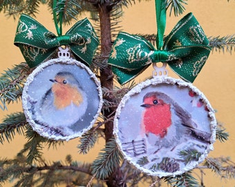 Robin ornaments, Christmas ornaments, wooden hanging ornaments, decoupage ornaments, custom robin ornament, handmade ornaments, robin gift