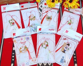 Rumänsk Martisor brosch, snödroppe, klöver, hästsko, folkdräkt