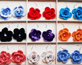 Crochet earrings, cotton earrings, flower earrings, textile earrings, dangle earrings, colorful earrings, bohemian earrings, floral earrings