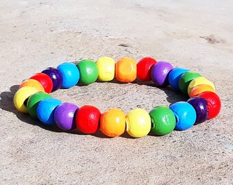 Rainbow wooden bracelet, unisex pride bracelet, wooden LGBT bracelet, pride festival bracelet, wooden bead bracelet, LGBT rainbow bracelet,