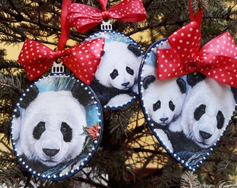 Panda ornament, Christmas wooden ornament, custom ornament, panda gift, panda bauble, personalized panda ornament, decoupage panda ornament