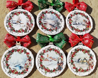 Christmas ornaments, set of wooden ornaments, decoupage ornaments, Santa ornaments, custom ornaments, handmade ornaments, vintage ornaments