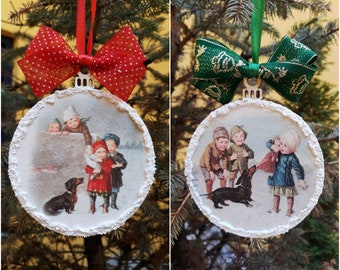 Christmas ornaments, Victorian ornaments, wooden decoupage ornaments, Santa ornaments, custom ornaments, handmade vintage ornaments