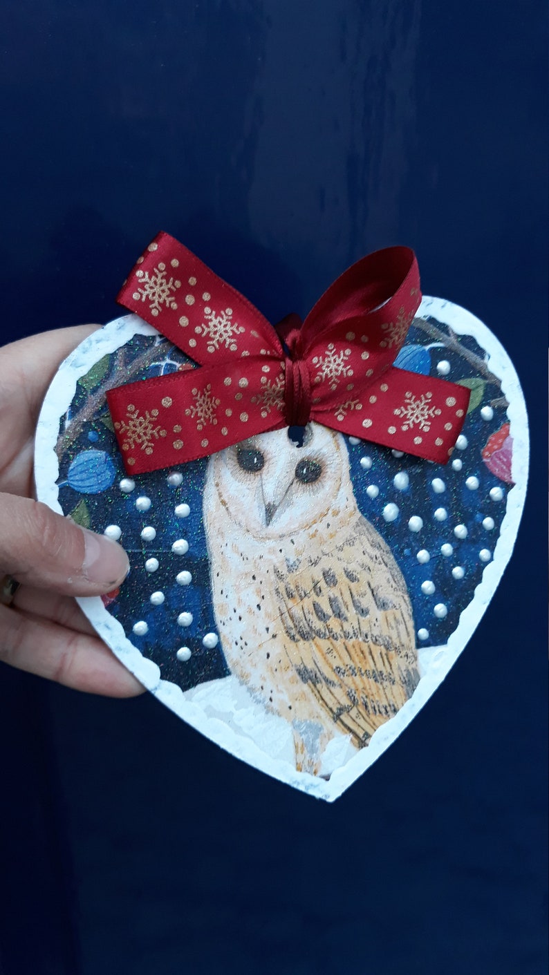 Ornement de Noël, ornement en bois de hibou, ornement de Noël de découpage, ornement peint à la main, cadeau de hibou, remplissage de bas, ornement personnalisé image 7