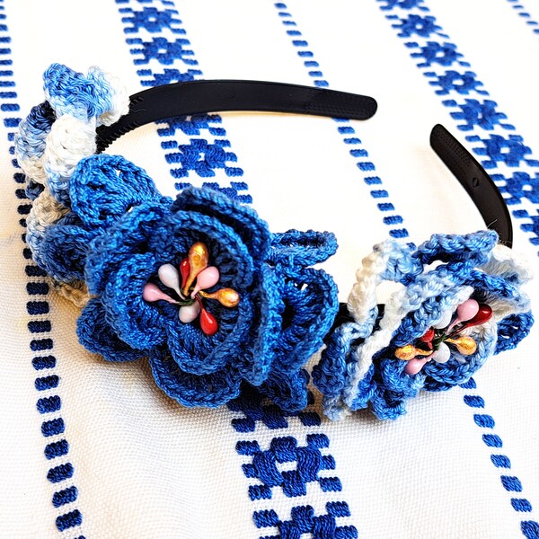 Crochet bandeau de fleur bleue, bandeau hippie boho, bandeau de fleur de demoiselle d’honneur, couronne de fleur au crochet, bandeau de fleur de coton, cadeau au crochet