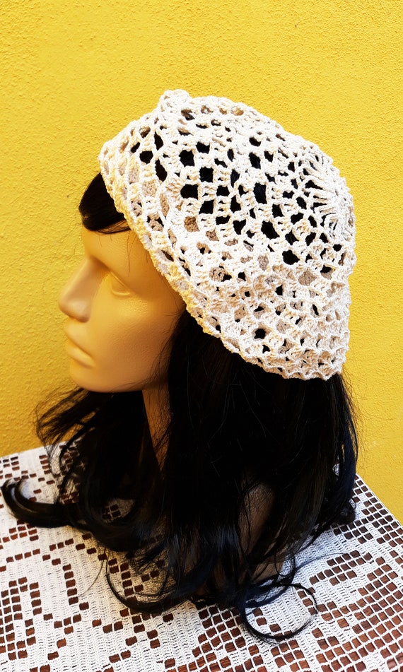 Summer Crochet Cotton Beret, Lightweight Knit Boho Hat - Etsy display picture 3