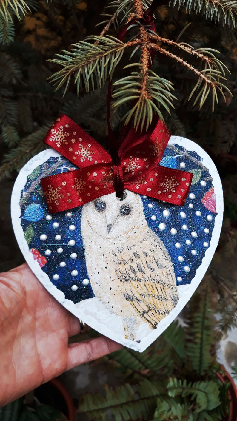 Ornement de Noël, ornement en bois de hibou, ornement de Noël de découpage, ornement peint à la main, cadeau de hibou, remplissage de bas, ornement personnalisé image 3