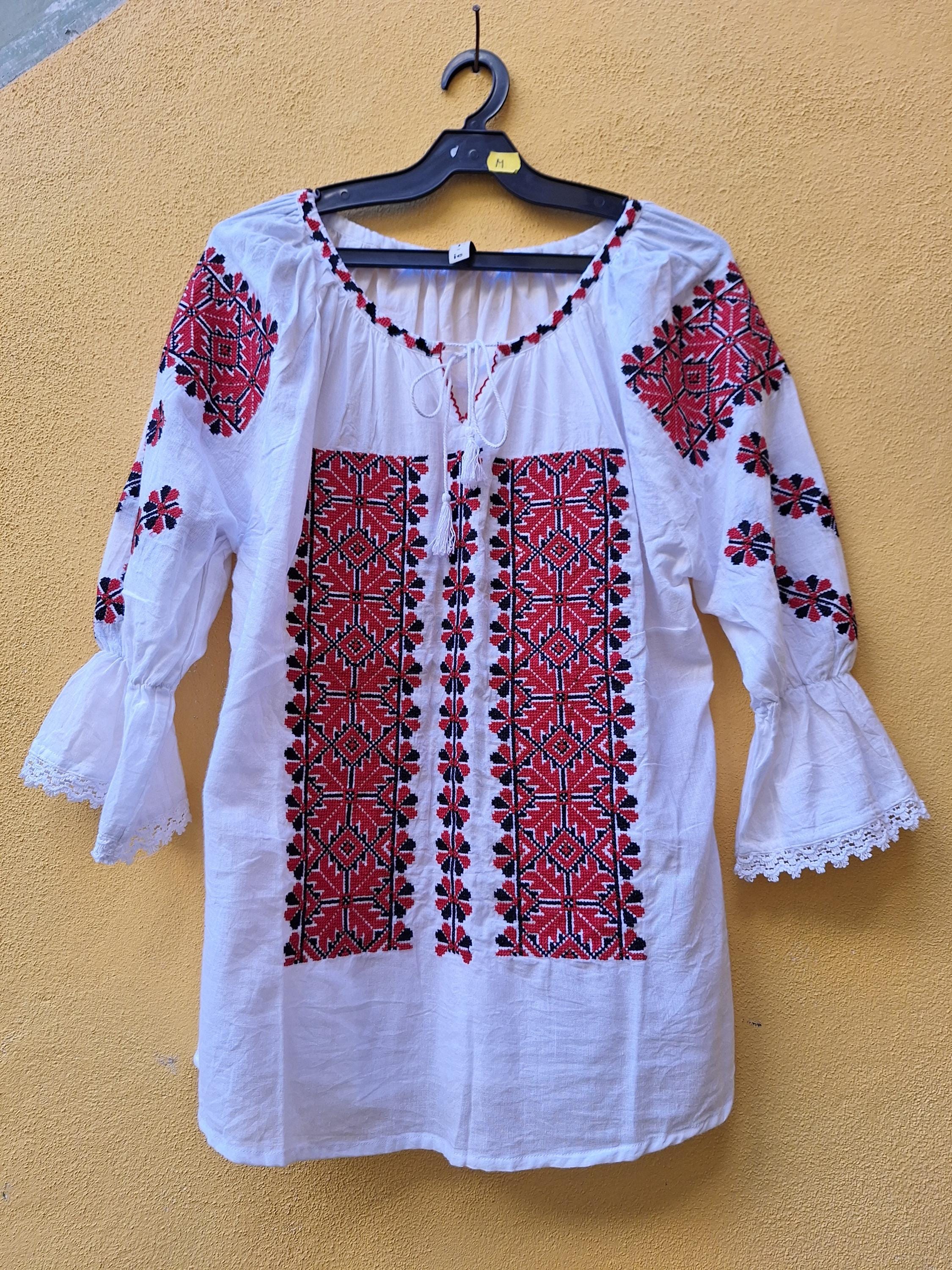 Embroidered Romanian Blouse: Folk Clothing, Geometric Red and