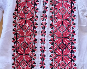刺繍入りルーマニアブラウス：民族衣装、幾何学模様の赤と白