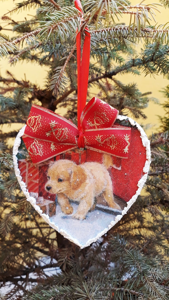 デコパージュ犬のクリスマスオーナメント、手作りの木製ハート - Etsy 日本