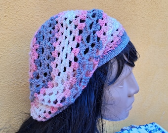 Pastel colors summer cotton crochet beret, cotton knit French beret, crochet slouchy hat, pink beret, boho summer rasta hat, cancer gift