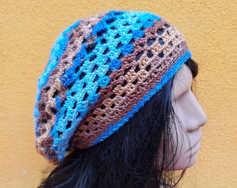Multicolored summer cotton crochet beret, cotton knit French beret, crochet slouchy hat, , boho summer rasta hat, beige blue brown beret