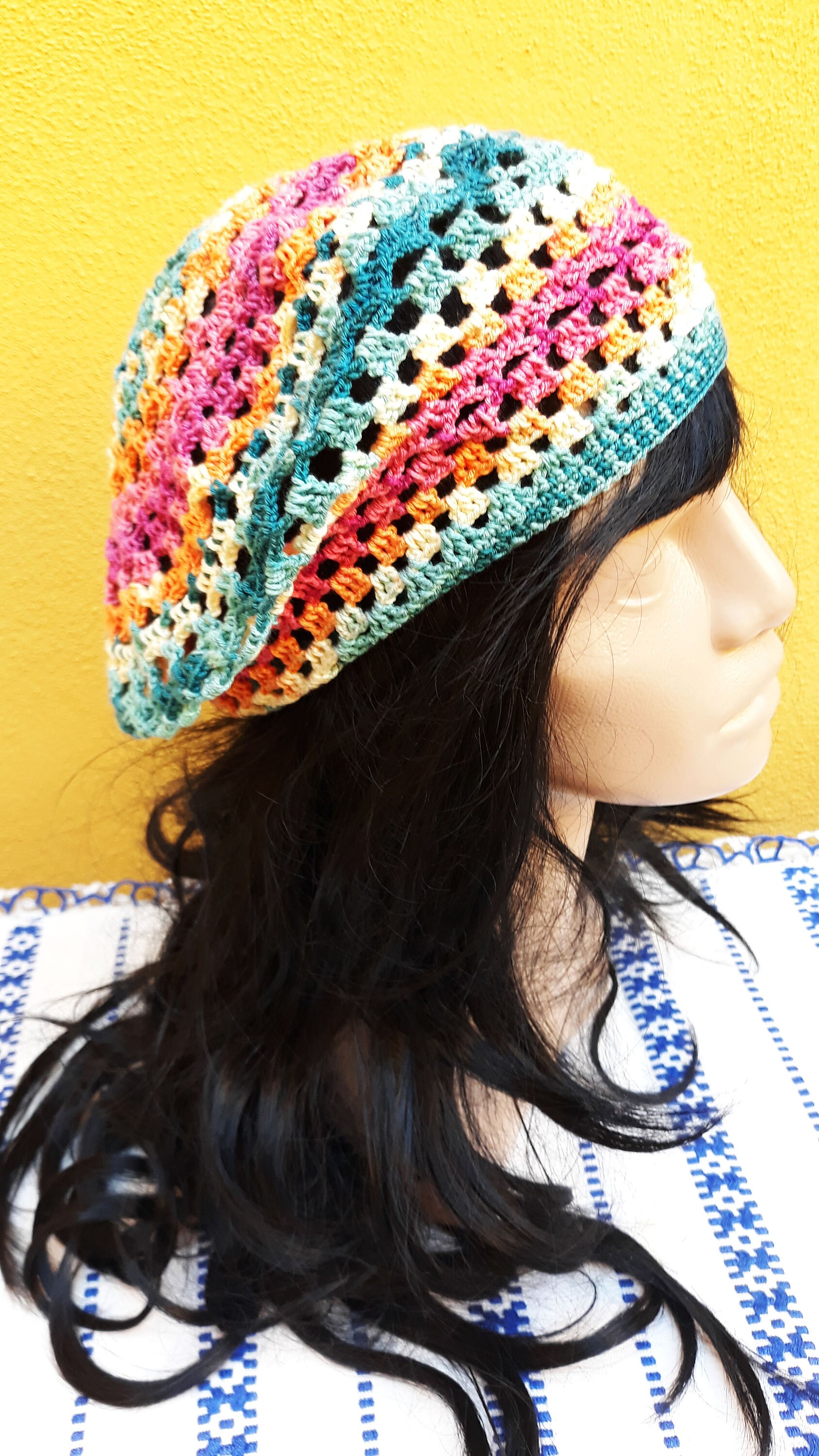 Hand Knit 100% Cotton Crochet Beret Hat - Bohemian Style Summer Beanie Unisex Handmade Recycled Cotton Crochet Beret - Summer Boho Skull  main image 4