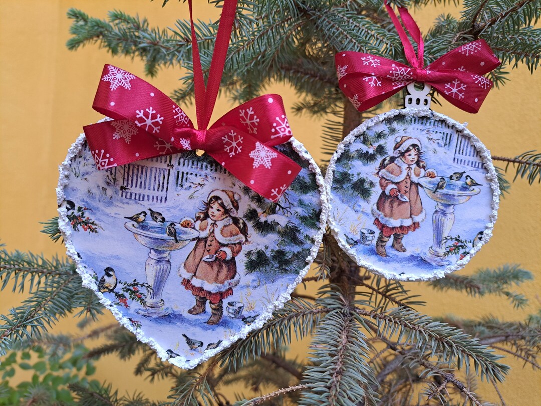 Old World Ornaments, Christmas Ornaments, Wooden Hanging Decoupage Ornaments, Custom Vintage