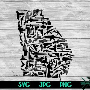 May include: A black and white silhouette of the state of Georgia, formed by the outlines of various guns and weapons.