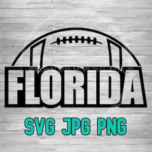 May include: Black and white graphic design of a football with the word "FLORIDA" in bold letters below. The text "SVG JPG PNG" is in teal below the word "FLORIDA".