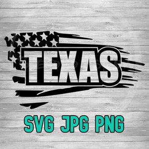 May include: A black and white distressed American flag design with the word "TEXAS" in white letters on a black background. The design is on a gray wood background. The text "SVG JPG PNG" is in turquoise letters at the bottom of the image.