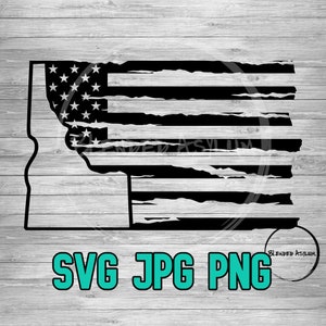 May include: A distressed American flag design in the shape of the state of Montana. The flag is black and white with a distressed, worn look. The text "SVG JPG PNG" is at the bottom of the image.