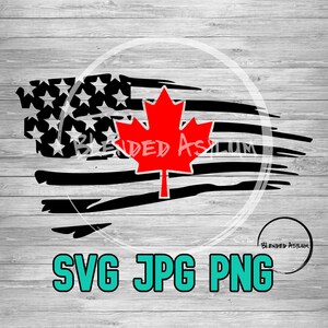 Puede incluir: Un diseño de bandera estadounidense desgastado con una hoja de arce roja en el centro. El texto "SVG JPG PNG" está en la parte inferior de la imagen.