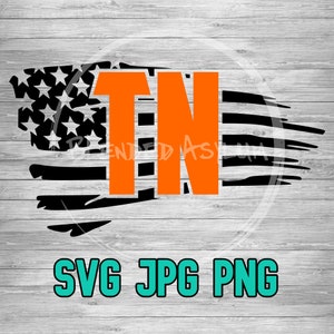 May include: A distressed American flag design with the letters "TN" in orange in the center. The text "SVG JPG PNG" is at the bottom of the image.