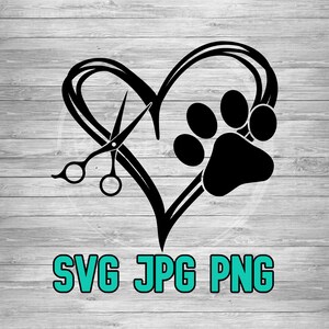 May include: Black and white silhouette of a heart with a paw print and scissors inside. The text "SVG JPG PNG" is below the heart.