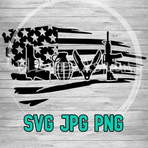 May include: Black and white silhouette design of an American flag with a gun, knife, grenade, and a rifle. The design is on a wood grain background with the text "SVG JPG PNG" at the bottom.