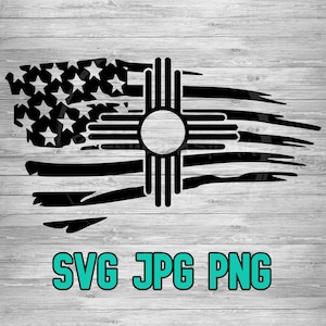 May include: A black and white distressed American flag design with the symbol of the state of New Mexico in the center. The flag is a distressed design with a faded look.