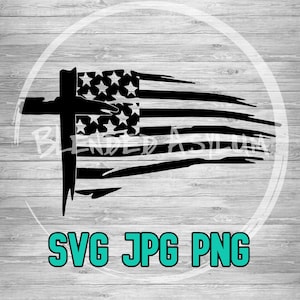 May include: A distressed American flag with a cross in the center. The flag is black and white and has a distressed look. The image is on a wood background.
