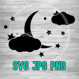 Moon Clouds and Stars 001 SVG PNG JPG | Moon and Stars Vector Cut File | Cricut Silhouette | Glowforge | Sublimination | Digital Download