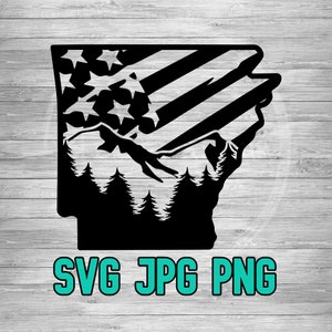 May include: Black and white silhouette of the state of Arkansas with a mountain range and pine trees in the foreground and an American flag design in the background. The text "SVG JPG PNG" is below the silhouette.