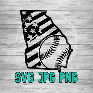 Może przedstawiać: Czarno-biała sylwetka stanu Georgia z wzorem amerykańskiej flagi i piłką baseballową w środku. Tekst "SVG JPG PNG" znajduje się pod obrazem.