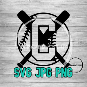 May include: Black and white baseball graphic with a large letter C in the center. The baseball graphic has stitching and two crossed bats. The text "SVG JPG PNG" is below the graphic.