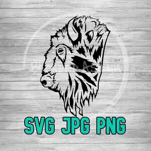 May include: Black and white silhouette of a buffalo head with a shaggy mane, set against a wood grain background. The text "SVG JPG PNG" is below the image.