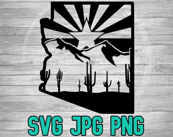 May include: Black and white silhouette of the state of Arizona with a sunset, mountains, and cacti. The text "SVG JPG PNG" is below the image.