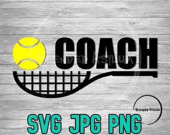 May include: Black and yellow tennis coach design with a tennis racket and ball. The text "COACH" is in black and the design includes the words "SVG JPG PNG".