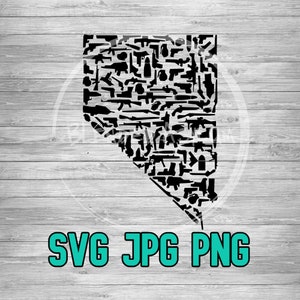 May include: Black silhouette of the state of Nevada formed by the outlines of various guns. The image is on a woodgrain background with the text "SVG JPG PNG" in teal.
