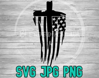 May include: A distressed American flag with a black cross superimposed over it. The flag is tattered and torn, with a grunge effect. The image is in black and white.