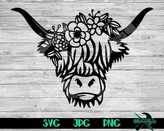 Highland Cow SVG JPG PNG | Cow Flower Crown | Farmhouse svg | Farm svg | Long-haired Cow | Scottish Cow | Kyloe svg | Cricut Cut File
