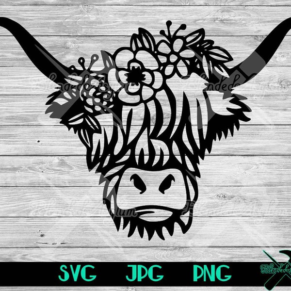 Highland Cow SVG JPG PNG | Cow Flower Crown | Farmhouse svg | Farm svg | Long-haired Cow | Scottish Cow | Kyloe svg | Cricut Cut File