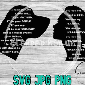 May include: Black and white silhouette of a dog and a person facing each other. The dog says "I know I'm just a dog but... If you feel sad, I'll be your smile. If you cry, I'll be your comfort. And if someone breaks your heart, we can use mine to live. I will always be by your side." The person says "You are not just a dog. You are my sanity. You are my happiness. You are my teacher. You are my therapist and my best friend." The text is in a circle around the silhouettes. The background is a wood grain pattern.